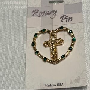 Rosary Pin Gold Color with Green Stones
